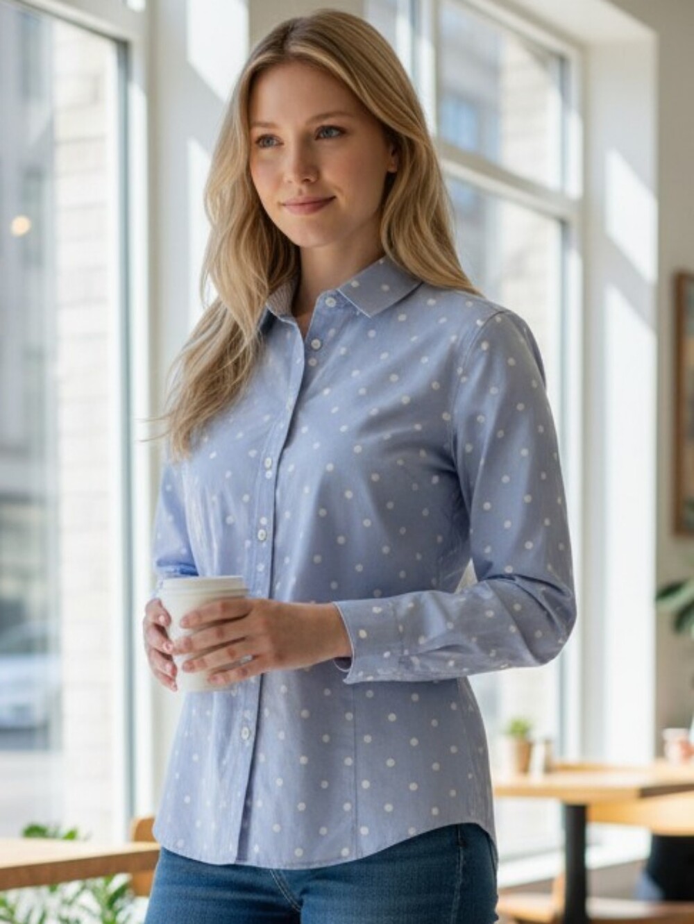 Talbots Cotton Light Blue Polka Dot Shirt